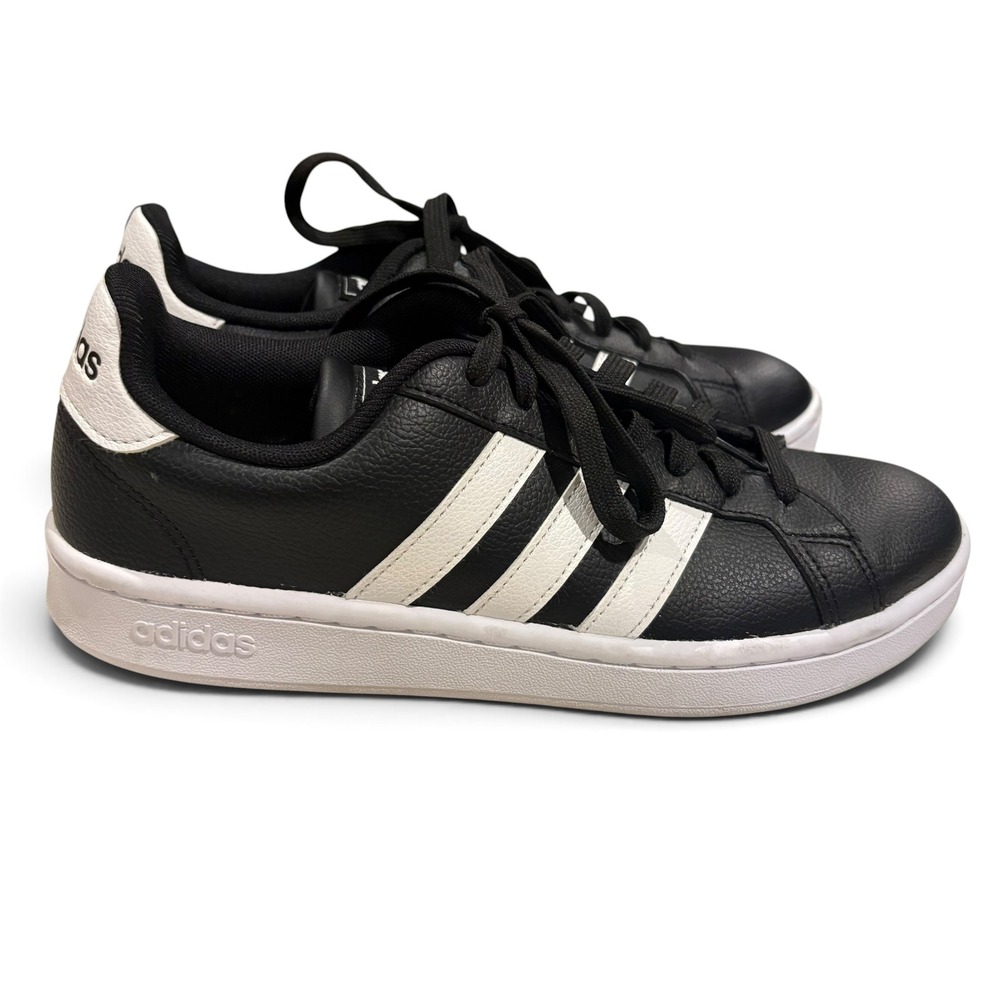 Adidas Grand Court Base Black White Women's 8.5 Three Stripe Sneakers Low Top